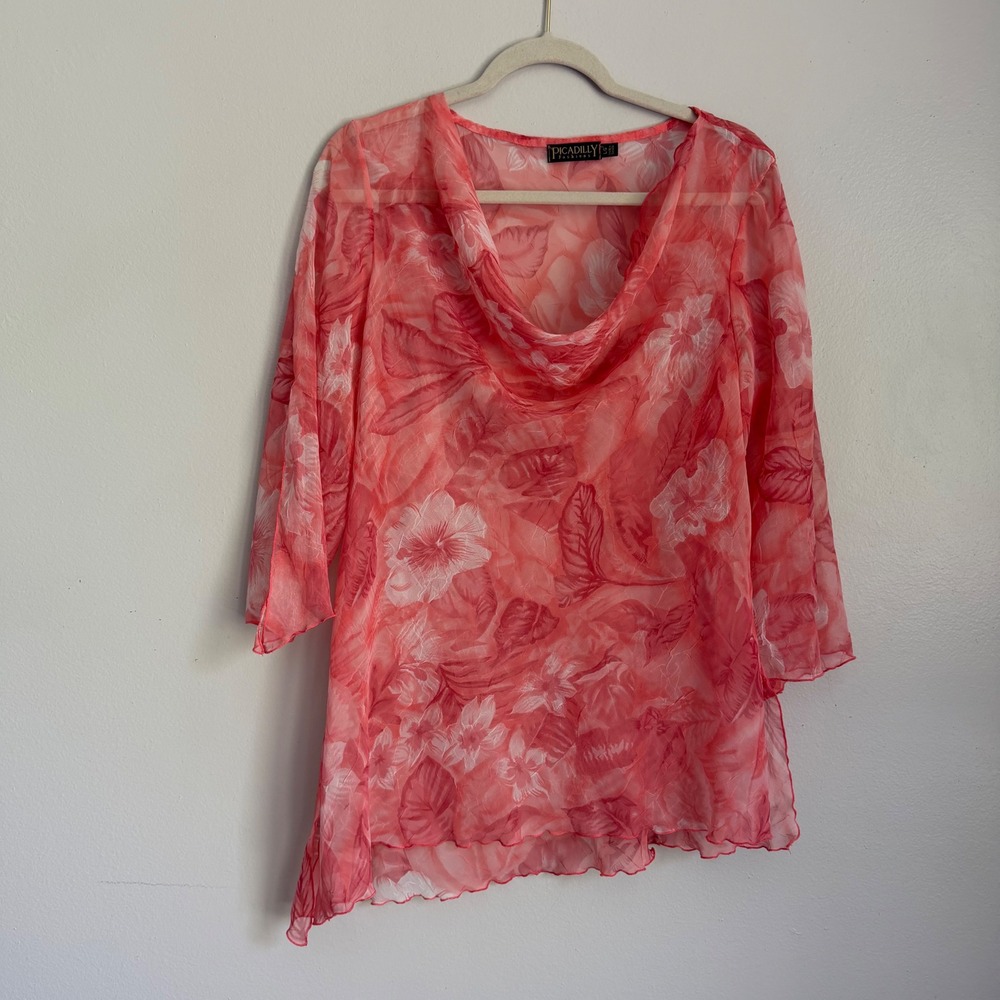 Vintage Y2K Picadilly Sheer Pink Floral Fairy Cowl Neck Asymmetrical Blouse L - Picture 1 of 7